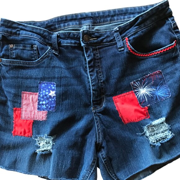 Upcycled Ripped Denim Cutoff Jean Shorts, Fireworks Patriotic Patchwork, Size 16 - Picture 6 of 13